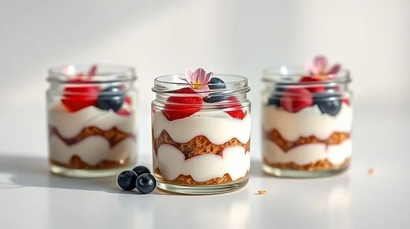 A photorealistic, professional photography shot of three small, elegant glass jars filled with layered vegan coconut dessert, topped with fresh berries and edible flowers. The jars are arranged on a minimalist white surface, with soft, diffused lighting creating a sense of delicacy and refinement. Sharp focus on the desserts, with a gentle depth of field blurring the background. 8K hyper-detailed, shot on a high-end DSLR.
