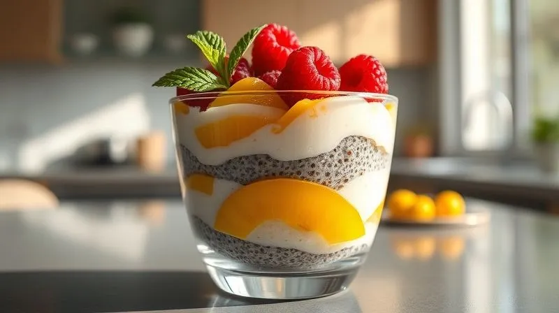 A photorealistic, professional photography shot of a layered vegan coconut and mango chia pudding, served in a clear glass, showing vibrant colors. The top layer is adorned with fresh raspberries and a sprig of mint. Cinematic lighting creates a bright, airy feel. Sharp focus on the dessert, with a soft, blurred background of a modern kitchen. 8K hyper-detailed, shot on a high-end DSLR.