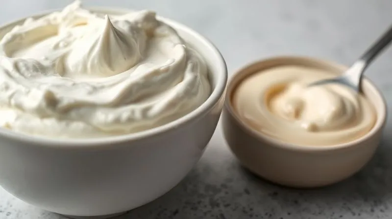 A close-up, photorealistic image of a bowl of creamy Greek yogurt next to a bowl of traditional mayonnaise, illustrating the healthy swap. Professional photography, 8K, cinematic lighting, sharp focus, depth of field, shot on a high-end DSLR.