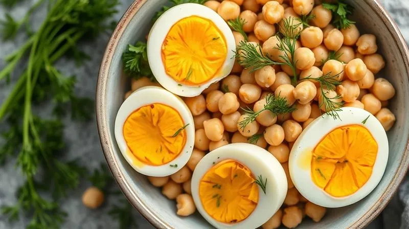 A vibrant, photorealistic overhead shot of a colorful, healthy egg salad bowl, featuring hard-boiled eggs, chickpeas, fresh dill, and a light dressing, served in a modern ceramic bowl. Professional photography, 8K, cinematic lighting, sharp focus, depth of field, shot on a high-end DSLR.