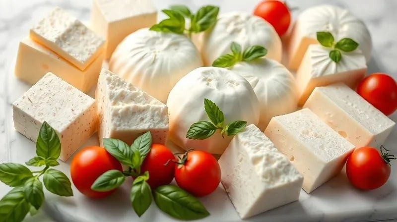 Photorealistic, professional photography of various types of mozzarella cheese arranged on a white marble board, some labelled 'light' or 'low-fat', with fresh basil leaves and cherry tomatoes around them. Cinematic lighting, sharp focus on the cheese textures, depth of field. 8K hyper-detailed.