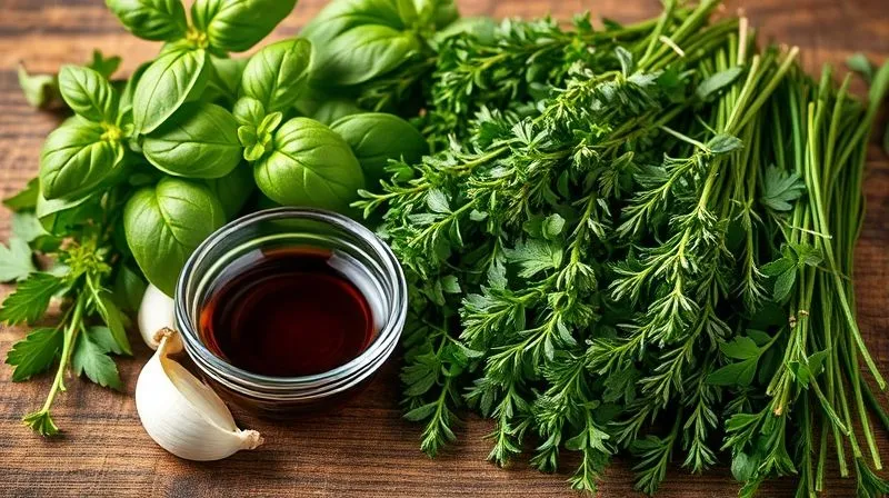 Photorealistic, professional photography of various fresh herbs (basil, oregano, thyme) and garlic cloves next to small bowls of balsamic vinegar and lemon juice, ready for marinating ingredients. Cinematic lighting, sharp focus on the herbs, depth of field. 8K hyper-detailed.