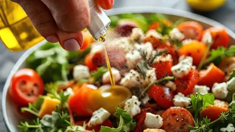 Photorealistic close-up of a hand using an olive oil spray bottle to lightly mist a fresh Greek salad, with vibrant vegetables and a reduced amount of feta. Cinematic lighting, sharp focus on the mist, depth of field blurring the background, 8K hyper-detailed, professional photography, shot on a high-end DSLR, emphasizing healthy portion control.