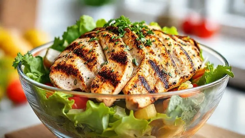 A photorealistic and vibrant Greek salad, enhanced with perfectly grilled chicken breast slices on top, placed in a modern, clear glass bowl. Fresh herbs are sprinkled generously. Cinematic lighting creates appetizing highlights on the chicken and vegetables. Sharp focus on the textures, depth of field blurring a clean, bright kitchen background, 8K hyper-detailed, professional photography, shot on a high-end DSLR, emphasizing a healthy, protein-rich meal.