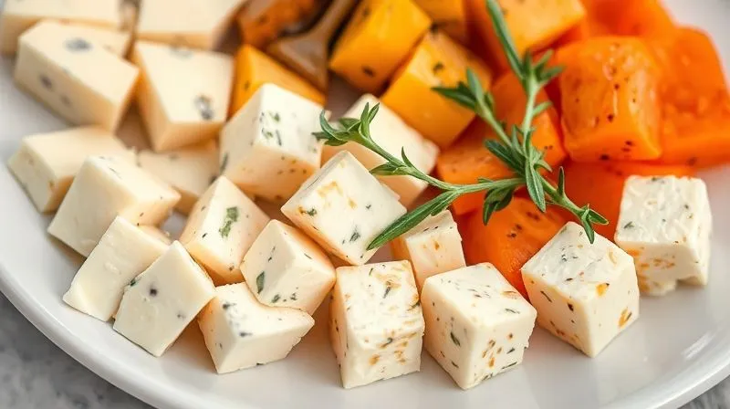 Photorealistic, professional photography, 8K, cinematic lighting, sharp focus, depth of field, shot on a high-end DSLR. A close-up shot of various cheese alternatives and marinated tofu cubes arranged on a clean white plate, with fresh oregano sprigs. The focus is on the textures and details of the different options, emphasizing healthy choices and variety.