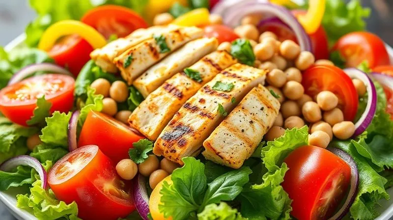 Photorealistic, professional photography, 8K, cinematic lighting, sharp focus, depth of field, shot on a high-end DSLR. A vibrant, colorful Greek salad generously filled with crisp green lettuce, red tomatoes, yellow bell peppers, and purple onions. Prominently featured are lean grilled chicken strips and a scattering of chickpeas, all lightly drizzled with a clear, light dressing. The scene emphasizes freshness, abundance, and healthy protein.