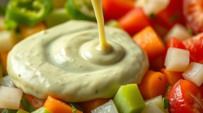 Photorealistic, professional photography, 8K, cinematic lighting, sharp focus, depth of field, shot on a high-end DSLR. A close-up of a creamy, light green dressing made from Greek yogurt and mashed avocado, drizzled over perfectly diced vegetables, highlighting the smooth texture and fresh ingredients. The background is softly blurred, emphasizing the vibrant colors of the healthy dressing.