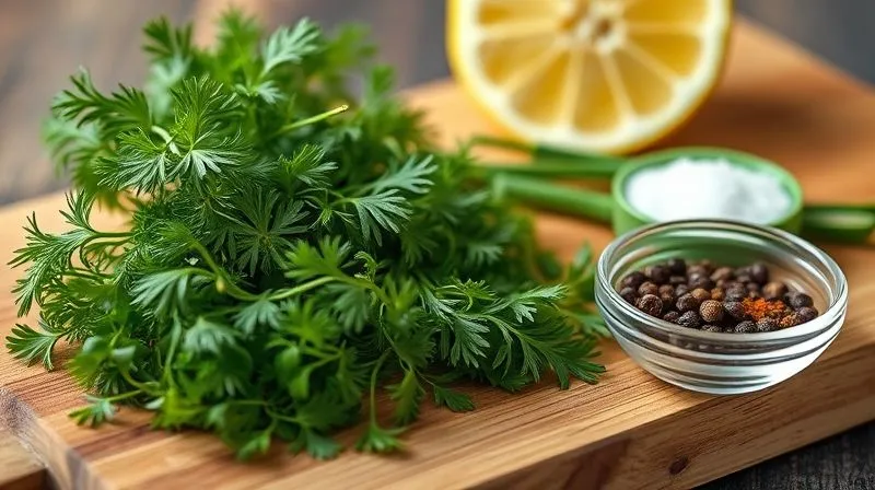 photorealistic, professional photography, 8K, cinematic lighting, sharp focus, depth of field, shot on a high-end DSLR, an assortment of fresh herbs (dill, parsley, chives) artfully arranged on a cutting board next to a small bowl of various spices (black pepper, salt, a hint of turmeric), with a lemon half in the background.