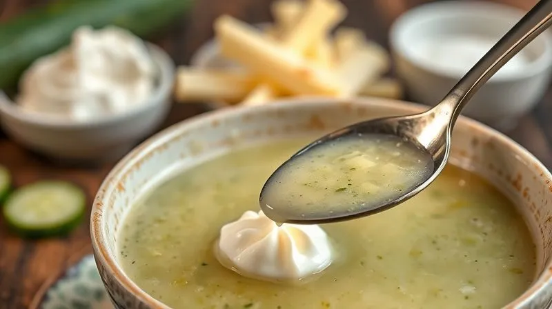 A deconstructed image showing high-calorie ingredients of a traditional cucumber soup, like a dollop of heavy cream, a spoonful of butter-flour roux, and fatty broth, contrasted with lighter alternatives in the background, professional photography, 8K, cinematic lighting, sharp focus, depth of field