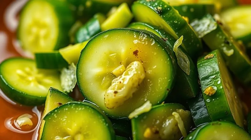 Close-up, photorealistic image of freshly grated pickled cucumbers, glistening with brine, ready to be added to soup, emphasizing their texture and vibrant color, professional photography, 8K, cinematic lighting, sharp focus, depth of field