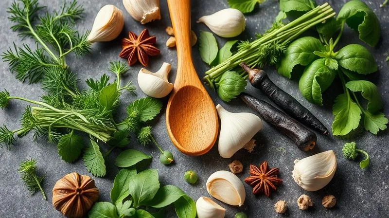 A flat lay shot of various fresh herbs and spices (dill, bay leaves, allspice, garlic, black pepper) arranged around a small wooden spoon, suggesting natural flavor enhancement, professional photography, 8K, cinematic lighting, sharp focus, depth of field