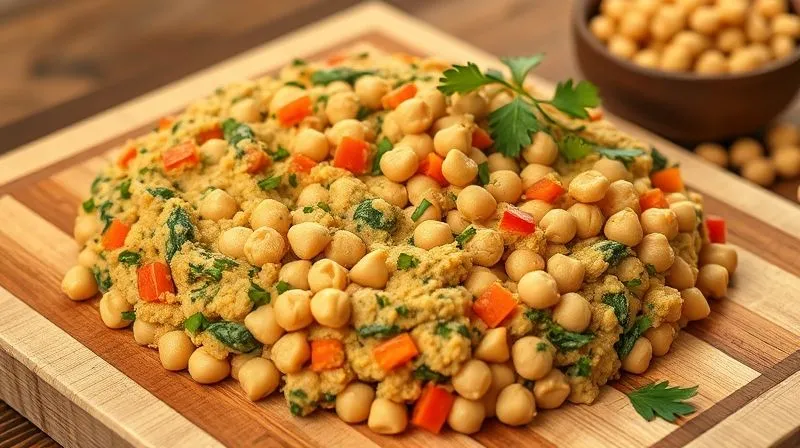 Photorealistic, professional photography, 8K, cinematic lighting, sharp focus, depth of field, shot on a high-end DSLR. A vibrant, healthy vegan chickpea spread on a cutting board, generously mixed with finely chopped and blended colorful vegetables like roasted red bell peppers, steamed spinach, and pureed carrots. The spread is a rich, earthy color with visible flecks of green and red, emphasizing its natural ingredients and nutritional value. Fresh herbs are scattered on top, and a small bowl of whole chickpeas is in the background, out of focus.