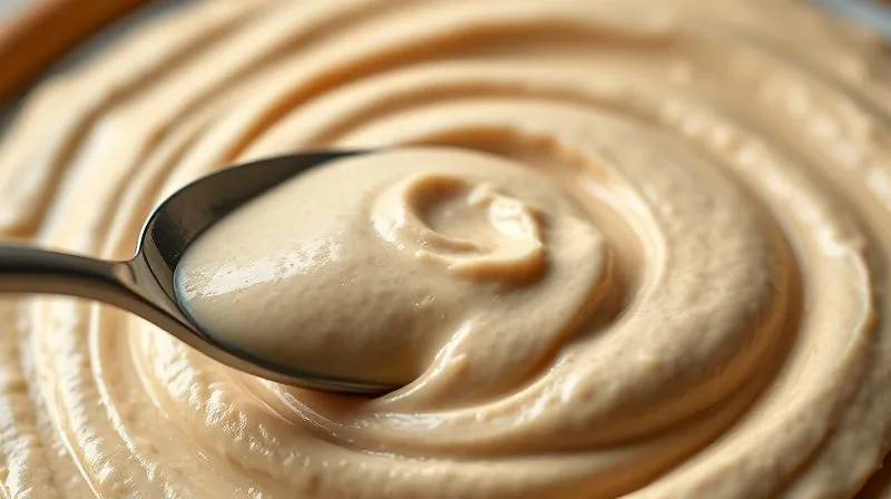 Photorealistic, professional photography, 8K, cinematic lighting, sharp focus, depth of field, shot on a high-end DSLR. A close-up, macro shot of an incredibly smooth, creamy vegan chickpea spread (hummus) being swirled with a spoon, showing its perfect, velvety texture. The surface is glistening slightly, and small peaks and valleys are visible from the swirl. The lighting highlights the smoothness, and the background is a soft blur of a kitchen counter, emphasizing the luxurious texture of the food.