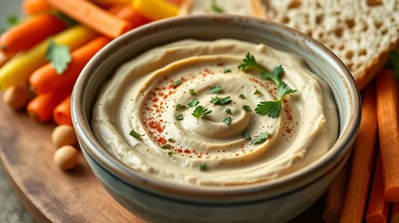 Photorealistic, professional photography, 8K, cinematic lighting, sharp focus, depth of field, shot on a high-end DSLR. A freshly prepared, light vegan chickpea spread (hummus) in a beautifully crafted ceramic bowl, garnished generously with finely chopped fresh parsley, a few whole chickpeas, and a sprinkle of smoked paprika. The spread has a smooth, creamy texture, and the background subtly features a rustic bread and colorful vegetable sticks arranged for dipping, emphasizing a healthy and inviting meal.