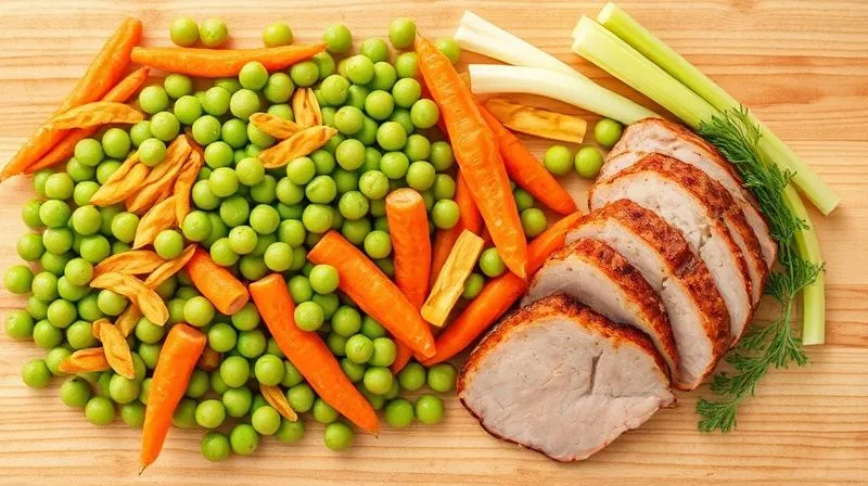 Photorealistic, professional photography, 8K, cinematic lighting, sharp focus, depth of field, shot on a high-end DSLR. A vibrant display of fresh, lean ingredients for a healthy pea soup: dried yellow split peas, fresh carrots, celery, leek, and a small portion of lean smoked turkey, arranged artfully on a light wooden board.