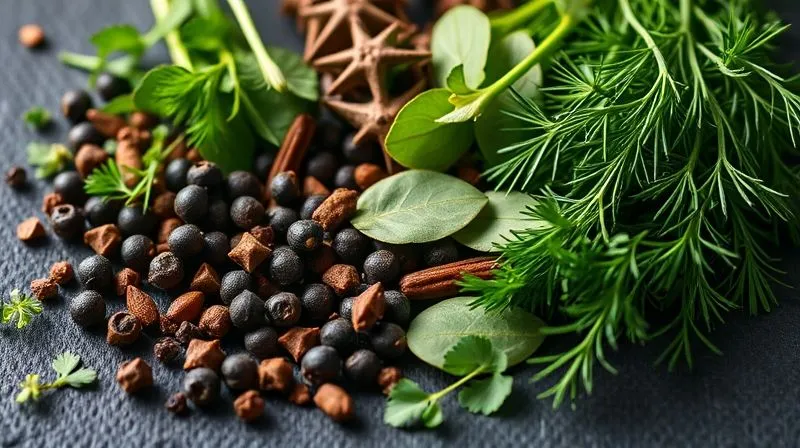 Photorealistic, professional photography, 8K, cinematic lighting, sharp focus, depth of field, shot on a high-end DSLR. A close-up of a vibrant array of fresh herbs and spices, including marjoram, savory, black peppercorns, bay leaves, and fresh dill, artfully arranged to symbolize flavor without added calories, on a dark, textured background.