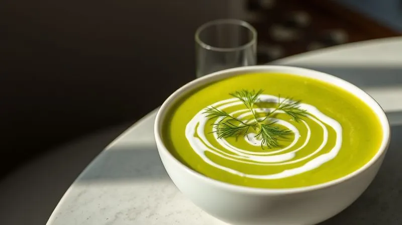 Photorealistic, professional photography, 8K, cinematic lighting, sharp focus, depth of field, shot on a high-end DSLR. A beautifully presented, healthy bowl of light pea soup, garnished with fresh dill and a swirl of low-fat Greek yogurt, steaming gently, placed on a modern, minimalist dining table with soft, natural light.