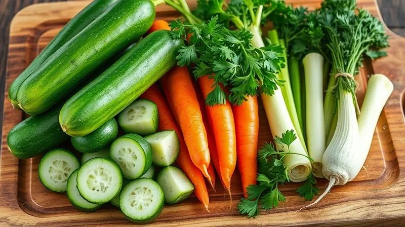 Photorealistic, professional photography, 8K, cinematic lighting, sharp focus, depth of field, shot on a high-end DSLR. A rustic wooden cutting board laden with perfectly washed and prepared fresh vegetables for a healthy soup: vibrant green cucumbers, carrots, parsley root, celery, leek, and a bunch of fresh dill. The vegetables are arranged artfully, highlighting their natural colors and textures, with soft, diffused natural light.