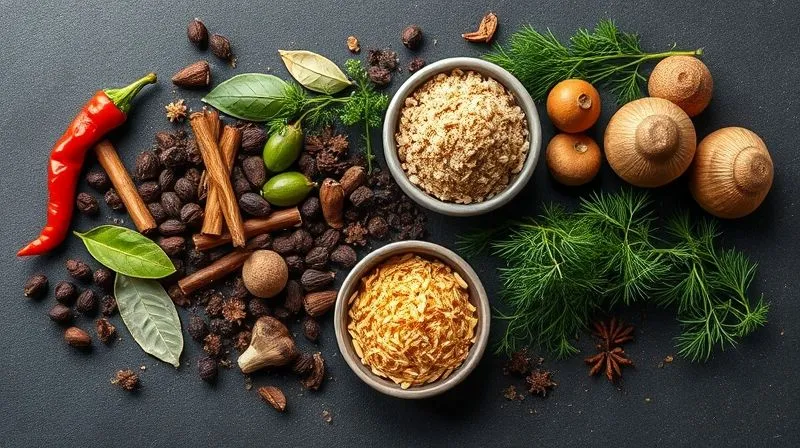 Photorealistic, professional photography, 8K, cinematic lighting, sharp focus, depth of field, shot on a high-end DSLR. An elegant arrangement of various spices and fresh herbs on a dark, textured background. Focus on vibrant colors and textures: dried smoked paprika, whole peppercorns, bay leaves, dried mushrooms, and a small bowl of nutritional yeast flakes, alongside fresh sprigs of dill and parsley. The composition evokes rich, complex flavors.