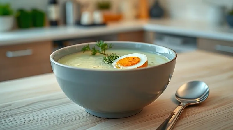 Photorealistic, professional photography, 8K, cinematic lighting, sharp focus, depth of field, shot on a high-end DSLR. A beautifully presented, steaming bowl of light green, creamy cucumber soup, garnished generously with fresh dill and a perfectly halved hard-boiled egg. The bowl is set on a light wooden table, with a silver spoon resting beside it, and a blurred background of a modern, clean kitchen. The image conveys warmth, health, and culinary artistry.