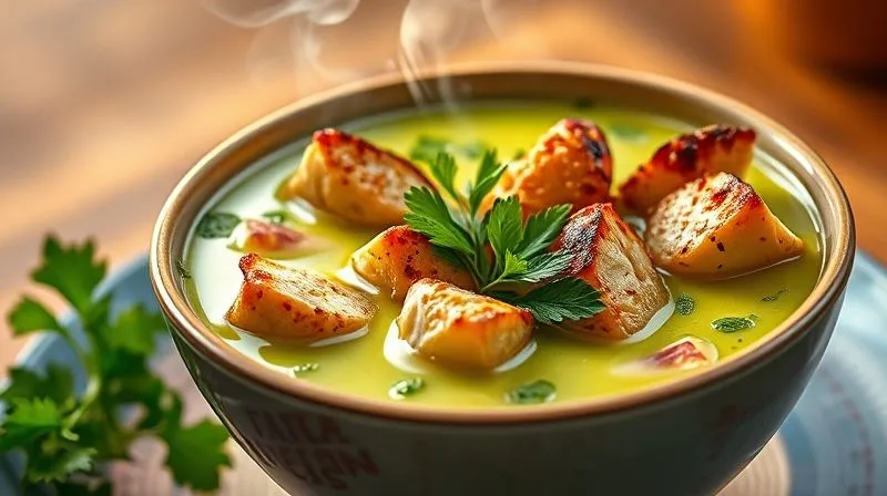 A vibrant bowl of light cucumber soup with visible pieces of grilled chicken and fresh herbs, steam rising, photorealistic, professional photography, 8K, cinematic lighting, sharp focus, depth of field, shot on a high-end DSLR.