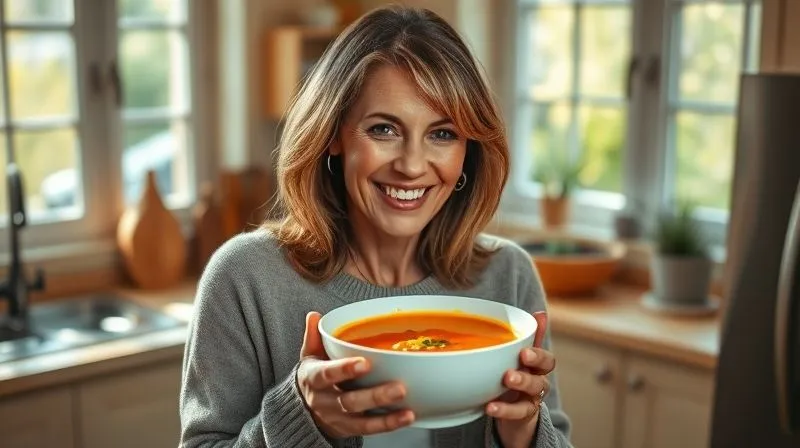 A happy woman in her 40s enjoying a bowl of light, healthy soup in a bright kitchen, natural light, photorealistic, professional photography, 8K, cinematic lighting, sharp focus, depth of field, shot on a high-end DSLR.
