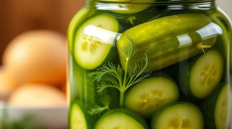 Photorealistic, professional photography, 8K, cinematic lighting, sharp focus, depth of field, shot on a high-end DSLR. A close-up shot of a perfectly pickled cucumber, with visible brine and a few dill sprigs, glistening in soft, natural light, emphasizing its freshness and probiotic richness. The background is subtly blurred, suggesting a healthy kitchen environment.