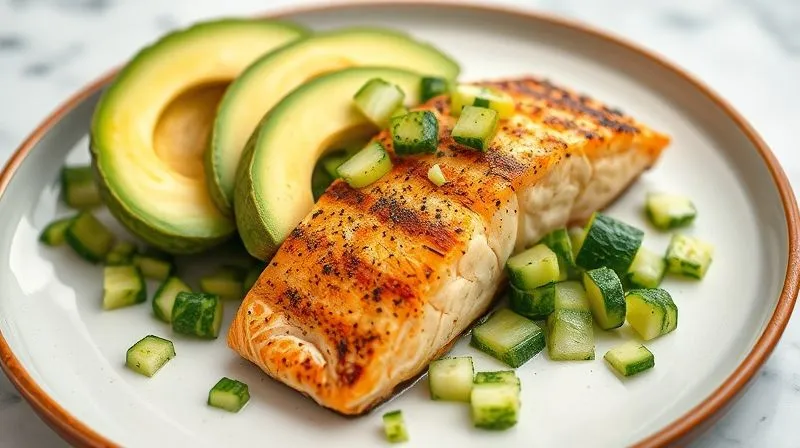 Photorealistic, professional photography, 8K, cinematic lighting, sharp focus, depth of field, shot on a high-end DSLR. A vibrant, low-carb meal featuring grilled salmon, fresh avocado slices, and a generous serving of chopped pickled cucumbers, artfully arranged on a modern plate. The cucumbers add a pop of color and texture, making the meal look appealing and satisfying.