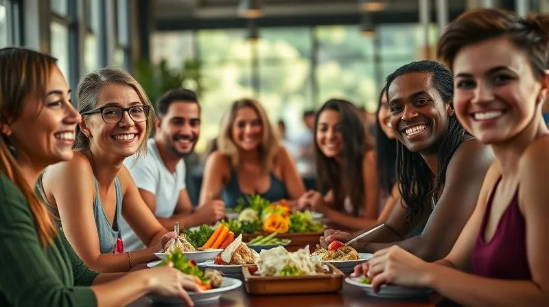 A photorealistic, professional photography, 8K, cinematic lighting, sharp focus, depth of field, shot on a high-end DSLR, depicting a diverse group of fit, smiling individuals enjoying a healthy, gluten-free meal in a modern, sunlit cafe. Focus on their genuine satisfaction and the vibrant, fresh food, with a subtle background blur that suggests a community focused on wellness.