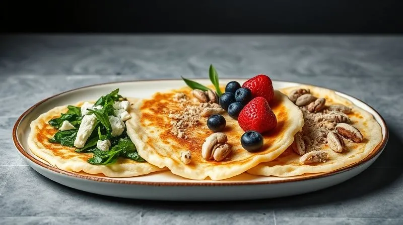 A photorealistic, professional photography, 8K, cinematic lighting, sharp focus, depth of field, shot on a high-end DSLR, showcasing three distinct variations of gluten-free rice pancakes: one savory with spinach and feta, one sweet with berries and nuts, and one high-protein with a protein powder blend. Each plate is artfully arranged, highlighting fresh, vibrant ingredients and appealing textures, set against a clean, minimalist background.