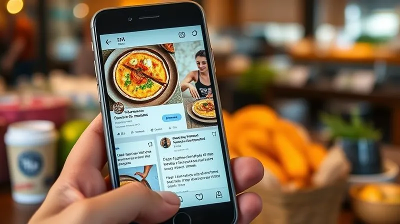 A photorealistic, professional photography, 8K, cinematic lighting, sharp focus, depth of field, shot on a high-end DSLR, depicting a vibrant social media feed on a smartphone screen, showcasing engaging posts about gluten-free fitness rice pancakes. The posts feature appealing food photography, user testimonials, and a fitness influencer enjoying the product, all with clear, positive branding. A blurred background suggests a bustling cafe or market environment.