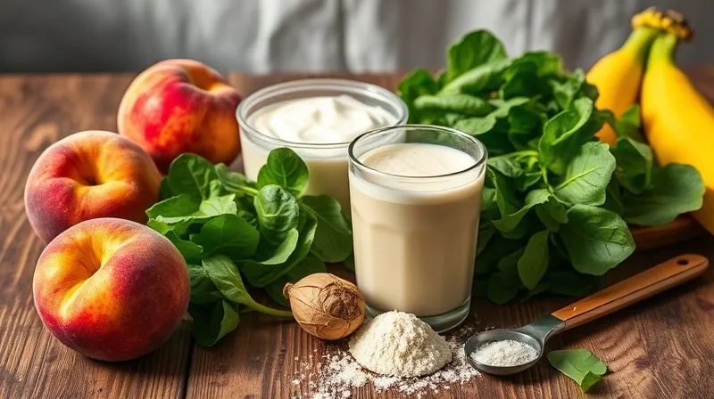 Photorealistic, professional photography, 8K, cinematic lighting, sharp focus, depth of field, shot on a high-end DSLR. A vibrant display of fresh ingredients for a healthy smoothie: ripe peaches, a handful of fresh spinach, a small container of Greek yogurt, and a scoop of protein powder, all artfully arranged on a rustic wooden table with soft, natural light.