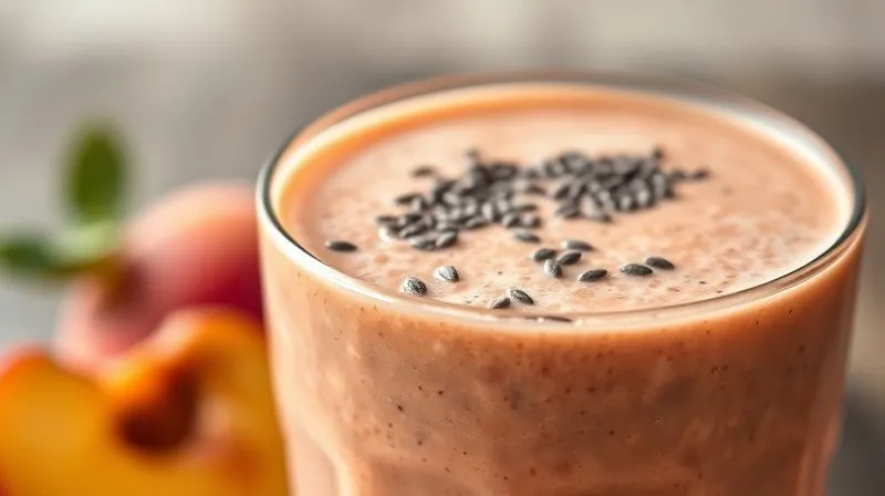 Photorealistic, professional photography, 8K, cinematic lighting, sharp focus, depth of field, shot on a high-end DSLR. A close-up shot of a peach smoothie with visible specks of chia seeds, emphasizing the texture and healthy additions. The background is softly blurred, highlighting the drink's freshness and nutritional value.