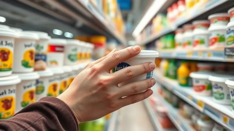 A photorealistic image of various yogurt containers on a supermarket shelf, with a hand reaching for a plain Greek yogurt, emphasizing healthy choices, cinematic lighting, sharp focus, depth of field, 8K hyper-detailed.