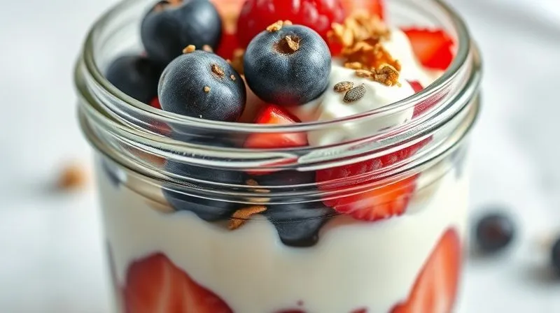 A close-up, photorealistic image of a vibrant fruit yogurt parfait in a glass jar, showing distinct layers of yogurt, fresh berries, and a sprinkle of chia seeds and granola, with soft natural light highlighting the textures, professional photography, 8K.