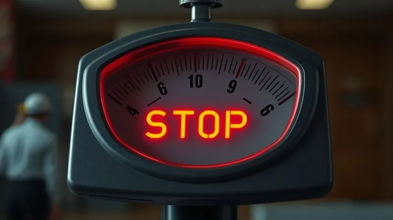 Photorealistic image of a scale with a red 'stop' sign on the weight display, showing frustration and stagnation, cinematic lighting, sharp focus on the scale, depth of field blurring the background, 8K hyper-detailed.