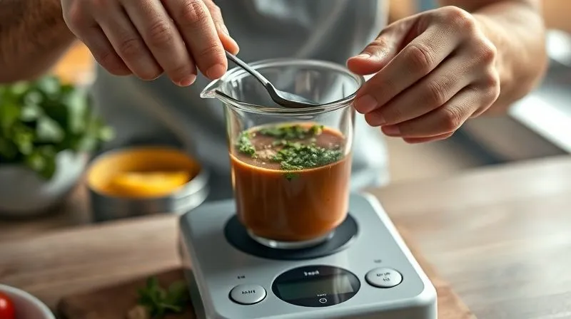 Photorealistic image of a person meticulously measuring ingredients for a smoothie on a kitchen scale, with a focus on precision and healthy components, cinematic lighting, sharp focus, depth of field blurring the background, 8K hyper-detailed.