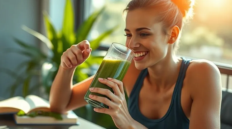 Photorealistic image of a balanced lifestyle: a person happily drinking a smoothie after a light workout, with elements of nature, sunshine, and a book nearby, symbolizing holistic well-being, cinematic lighting, sharp focus, depth of field, 8K hyper-detailed.
