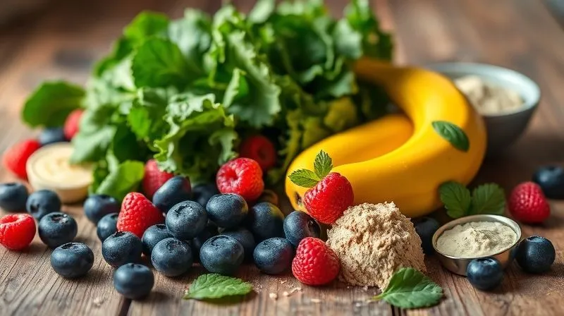 Photorealistic, professional photography, 8K, cinematic lighting, sharp focus, depth of field, shot on a high-end DSLR. A vibrant, colorful array of fresh smoothie ingredients: spinach, kale, blueberries, raspberries, a sliced banana, and a scoop of protein powder, meticulously arranged on a rustic wooden table, bathed in soft, natural light, emphasizing freshness and nutritional value.
