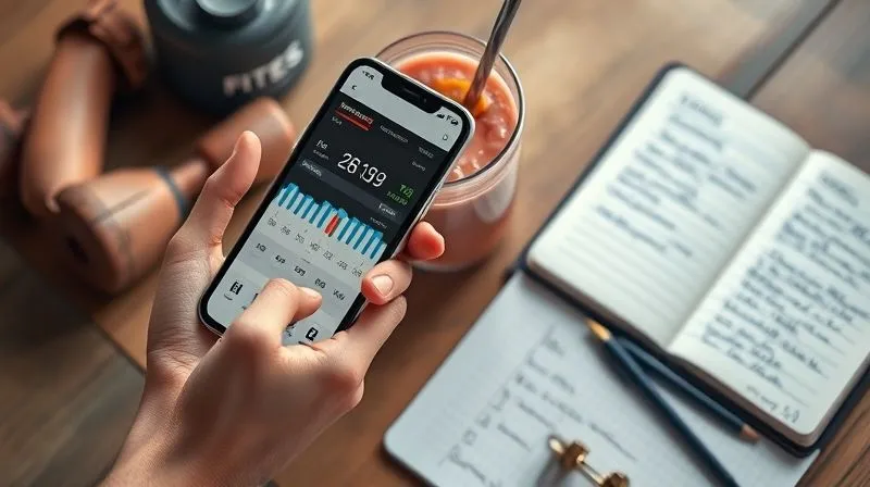 Photorealistic, professional photography, 8K, cinematic lighting, sharp focus, depth of field, shot on a high-end DSLR. A person's hand holding a smartphone displaying a fitness tracking app with graphs and data, next to a meticulously prepared protein smoothie and a notebook with handwritten notes on nutrition goals. The scene emphasizes data-driven decision making and personal progress, with soft, ambient light.