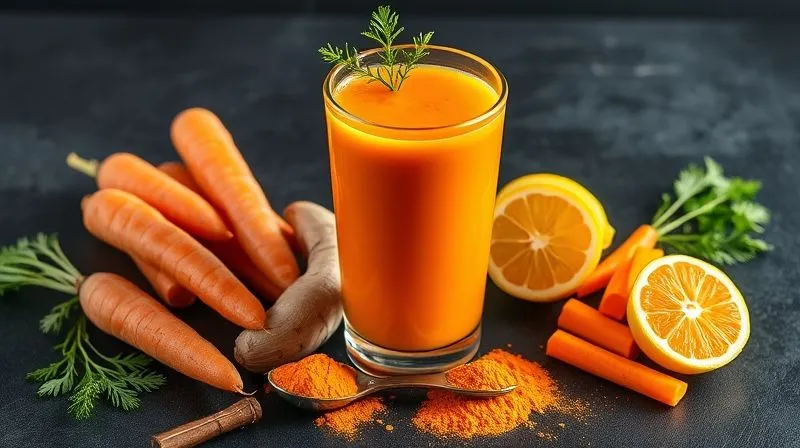 photorealistic, professional photography, 8K, cinematic lighting, sharp focus, depth of field, shot on a high-end DSLR. A vibrant, freshly squeezed carrot juice in a sleek glass, surrounded by fresh, crisp carrots, a knob of ginger, a lemon half, a spoonful of turmeric powder with a pinch of black pepper, and a scoop of protein powder. The ingredients are artfully arranged on a dark, textured surface, with bright, natural light emphasizing their rich colors and textures.