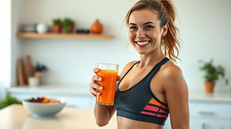 photorealistic, professional photography, 8K, cinematic lighting, sharp focus, depth of field, shot on a high-end DSLR. A smiling, fit woman in her late 30s, dressed in activewear, holding a glass of vibrant carrot juice after a successful workout. She is in a modern, bright kitchen or a gym lounge area with a healthy breakfast bowl on the counter in the background, subtly out of focus. The image conveys energy, health, and achievement.