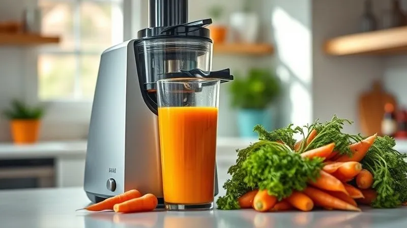 photorealistic, professional photography, 8K, cinematic lighting, sharp focus, depth of field, shot on a high-end DSLR. A modern, sleek slow juicer processing fresh, organic carrots. The vibrant orange juice is flowing into a clear glass, while a pile of fresh, clean carrots waits beside it. The scene is set in a bright, clean kitchen with natural light, emphasizing the freshness and health aspects. Sharp focus on the juicer and the juice, depth of field blurring the background.