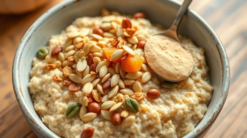 A close-up, photorealistic image of a vibrant bowl of vegan oatmeal, generously topped with various plant-based protein sources like hemp seeds, pumpkin seeds, and a scoop of vegan protein powder, all artfully arranged to emphasize nutrition and satiety. The textures are sharp and inviting, with soft, natural light.