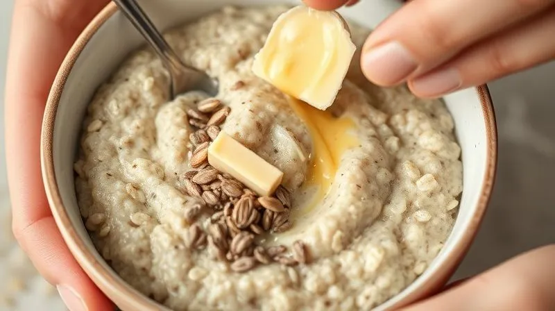 A close-up, photorealistic shot of a bowl of vegan oatmeal being prepared, with hands adding a swirl of almond butter and sprinkling of flax seeds. The focus is on the textures and the natural, wholesome ingredients, conveying a sense of mindful preparation and healthy eating.