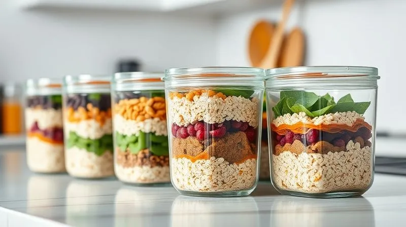 A beautifully organized meal prep scene featuring several glass containers filled with layered vegan oatmeal ingredients, ready for the week. The setting is a clean, modern kitchen counter with soft, even lighting, emphasizing efficiency and healthy lifestyle. Photorealistic, 8K, professional photography.