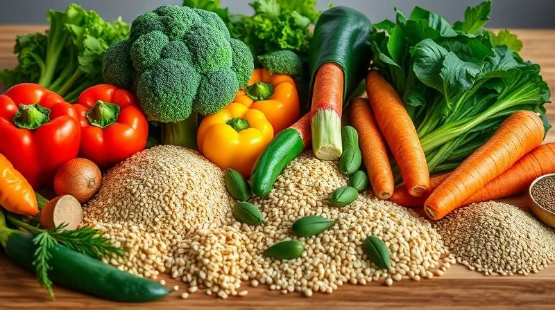 Photorealistic, professional photography, 8K, cinematic lighting, sharp focus, depth of field, shot on a high-end DSLR. A vibrant, colorful display of various fresh vegetables like broccoli, spinach, bell peppers, carrots, and different types of dry grains such as quinoa, buckwheat, and millet, artfully arranged on a wooden table, symbolizing a healthy, balanced diet. The light emphasizes the natural textures and colors, creating an inviting and wholesome atmosphere.