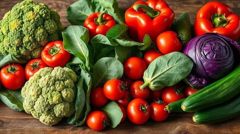 Photorealistic, professional photography, 8K, cinematic lighting, sharp focus, depth of field, shot on a high-end DSLR. A vibrant, artfully arranged display of fresh, colorful, low-starch vegetables on a rustic wooden table: bright green broccoli florets, deep red bell peppers, crisp spinach leaves, purple cabbage, cherry tomatoes, and zucchini. The composition highlights their freshness and diversity, with natural light creating soft shadows and rich textures, emphasizing their health benefits.