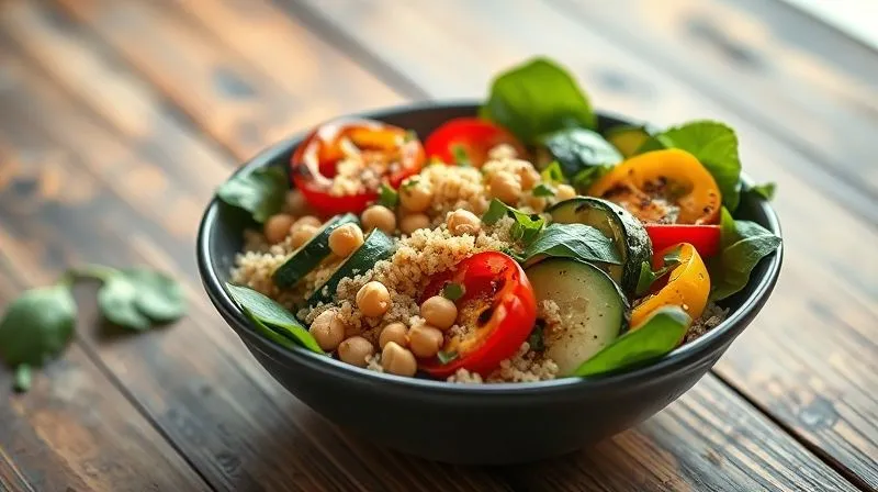 Photorealistic, professional photography, 8K, cinematic lighting, sharp focus, depth of field, shot on a high-end DSLR. A beautifully presented, vibrant salad bowl filled with quinoa, grilled bell peppers, zucchini, fresh spinach, chickpeas, and a sprinkle of herbs. The bowl is placed on a rustic wooden table, with soft, natural light illuminating the textures and colors of the healthy ingredients, making it look incredibly appetizing and fresh. There's a slight depth of field, blurring the background to keep the focus on the meal.