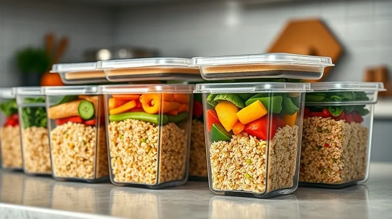 Photorealistic, professional photography, 8K, cinematic lighting, sharp focus, depth of field, shot on a high-end DSLR. Several transparent meal prep containers neatly arranged on a kitchen counter, each filled with a perfectly portioned, healthy meal consisting of a different type of grain (like quinoa or buckwheat) and a colorful assortment of fresh, cooked vegetables. The containers are well-organized, reflecting efficiency and health. Soft, inviting light highlights the freshness and appeal of the prepared food, suggesting a well-planned, nutritious week ahead.